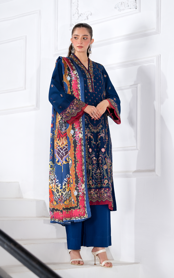 Malbusaat Embroidered Viscose Elegance Suit in navy blue with vibrant patterns and stylish design