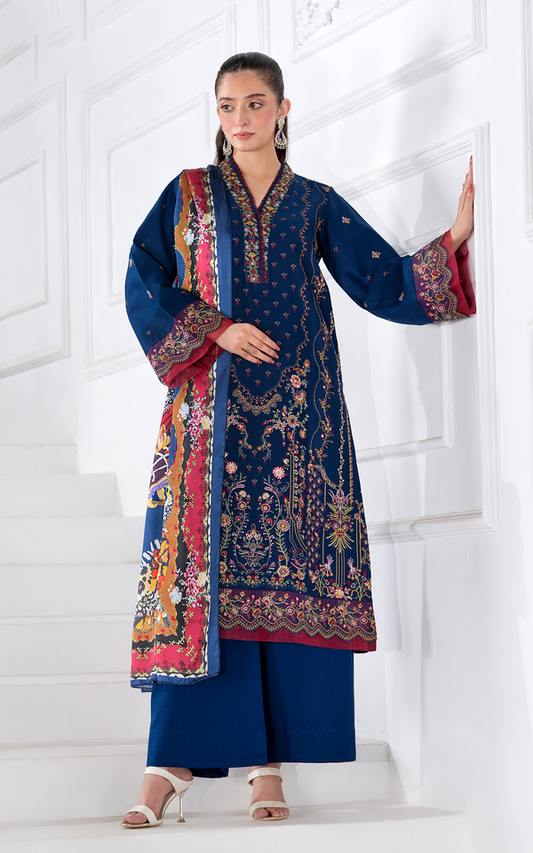 Pakistani Embroidered Viscose Elegance Suit in navy with intricate floral designs and layered details