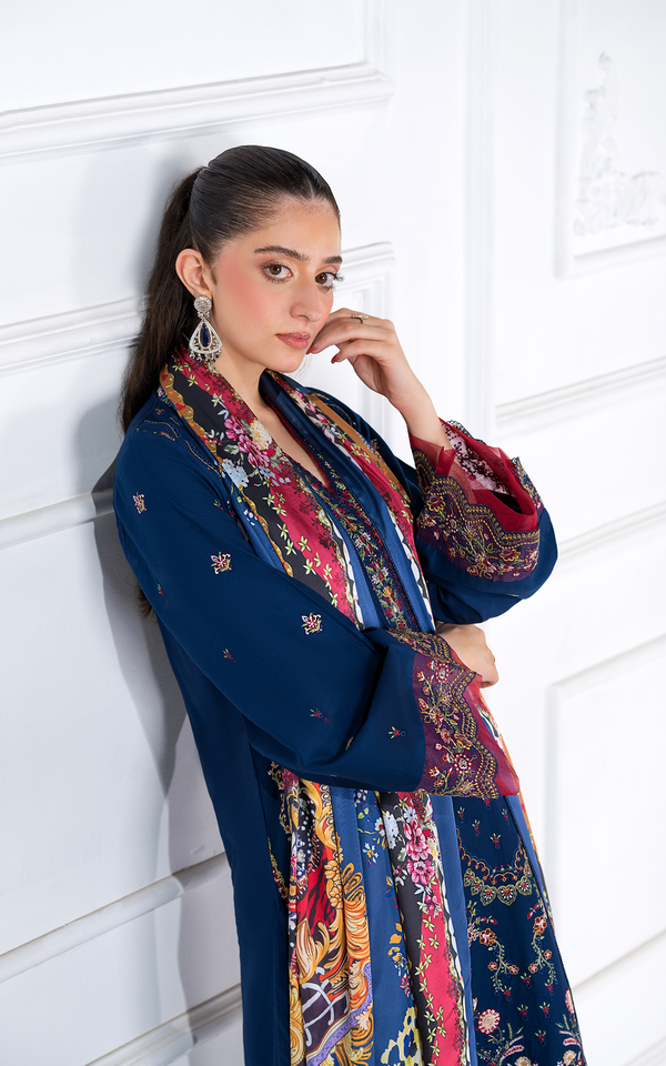Malbusaat Embroidered Viscose Elegance Suit in Navy with Vibrant Multicolour Accents and Stylish Sleeves