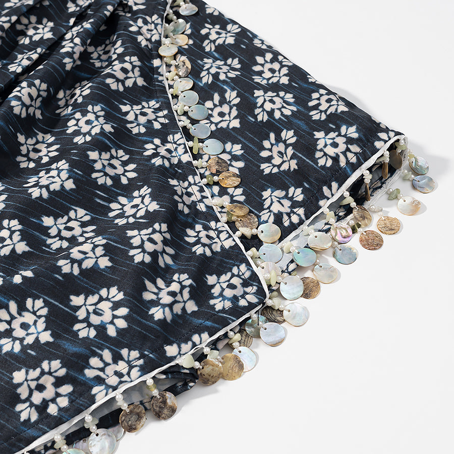 Malbusaat fashionable beaded skirts for women with black and white floral print and decorative shell beads