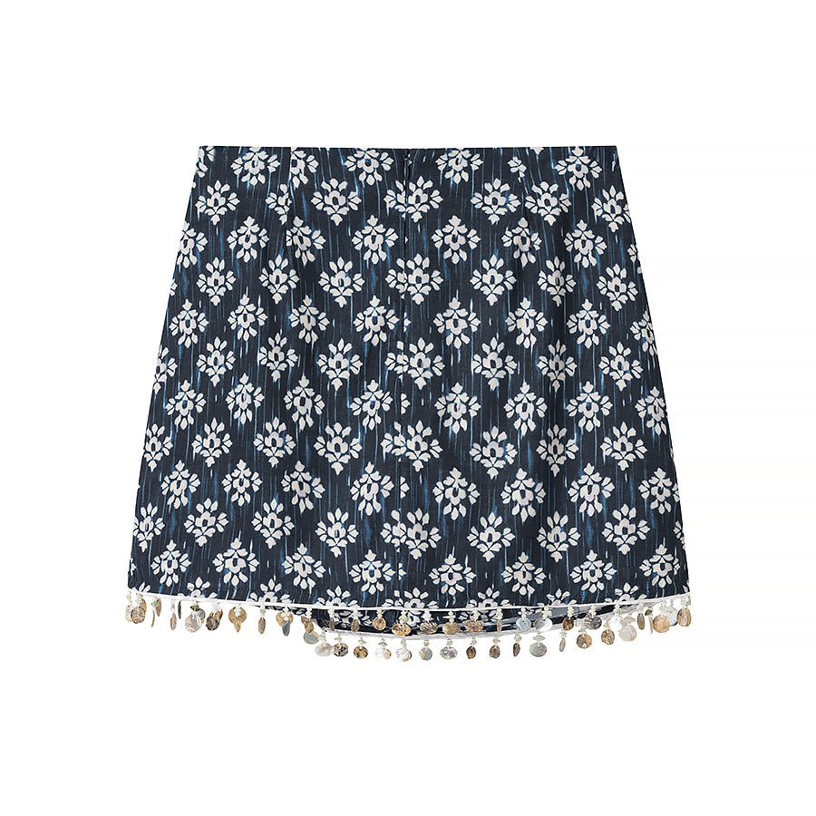Malbusaat fashionable beaded skirts for women with navy blue floral pattern and decorative bead trim