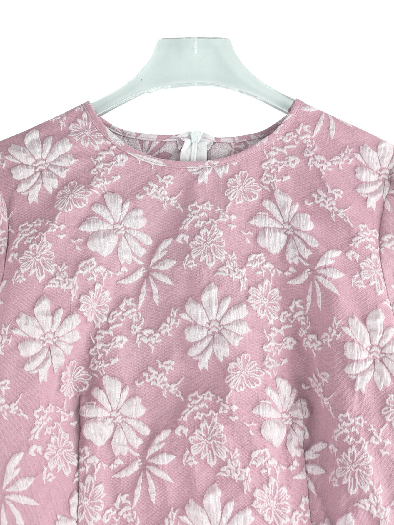 Malbusaat pink floral embroidered fishtail bodycon dress close up on hanger