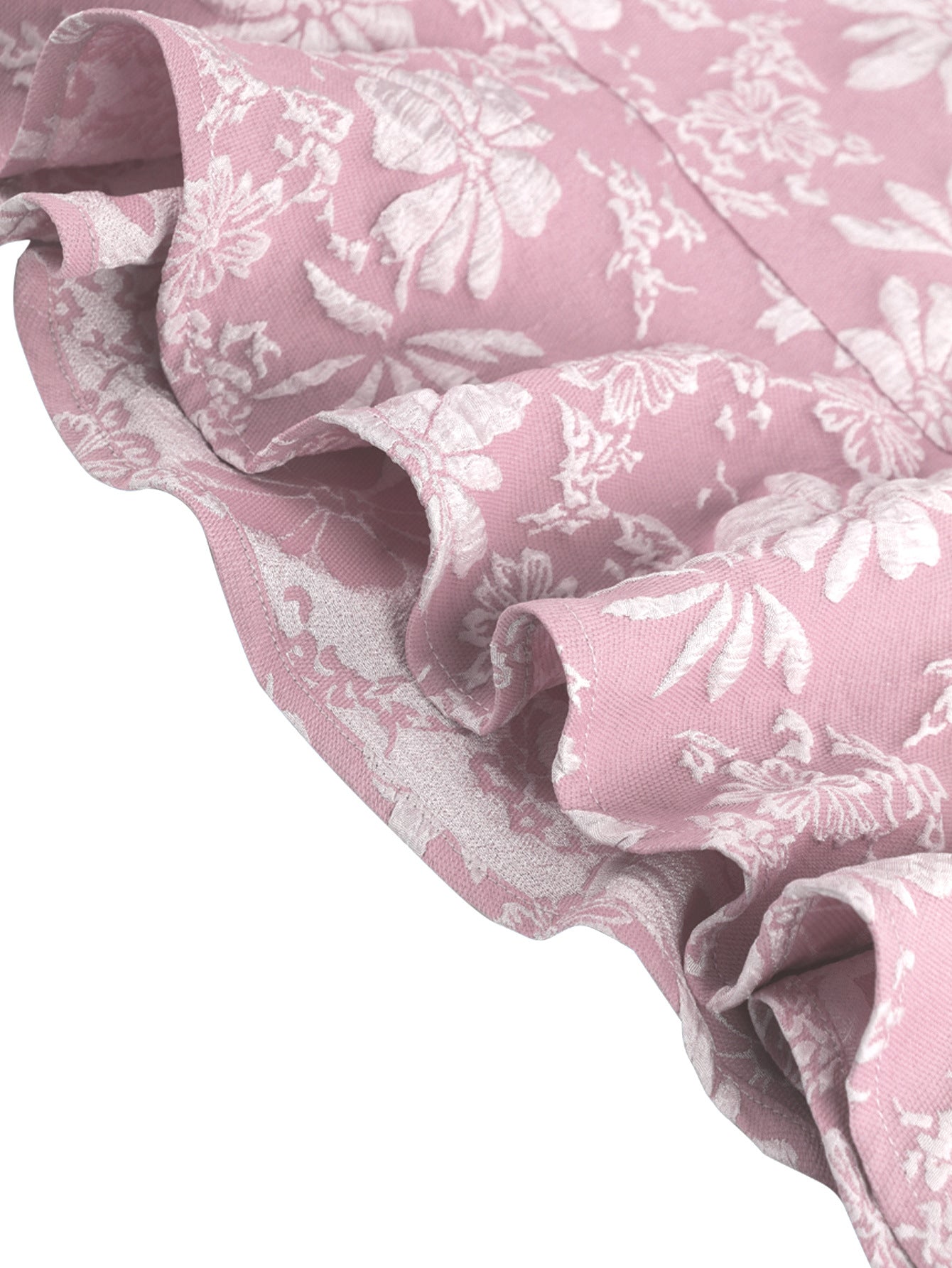Close-up of pink floral fabric with ruffled hem detail of Malbusaat fishtail bodycon dress
