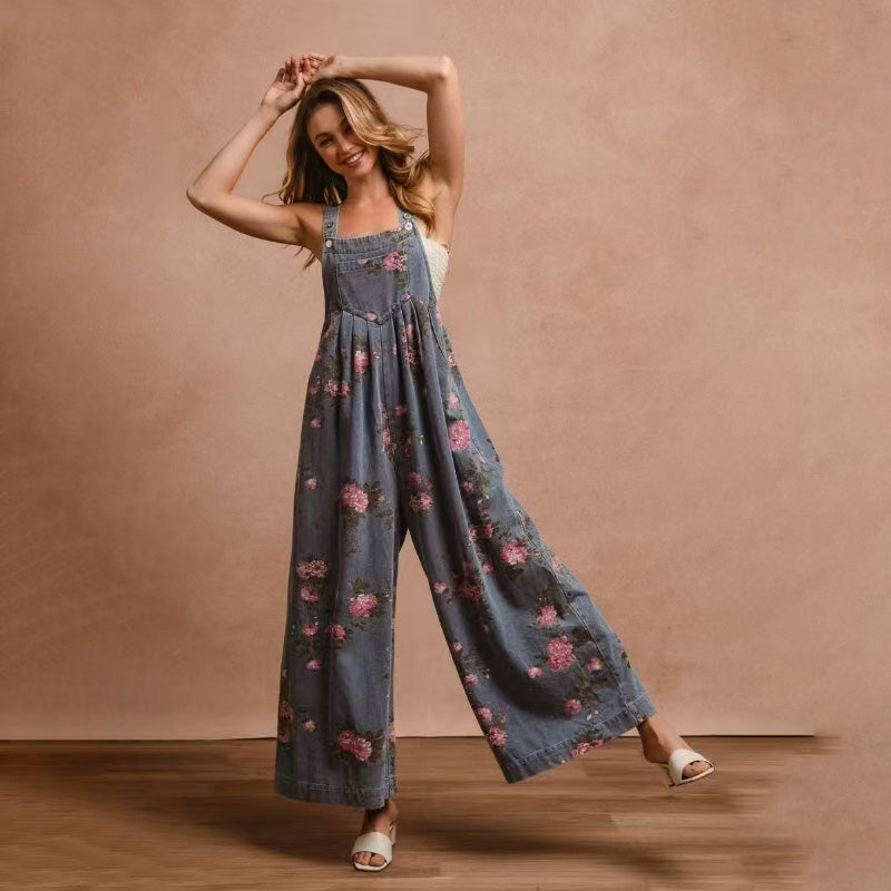 Stylish floral denim jumpsuit for women with a relaxed fit and vibrant floral patterns