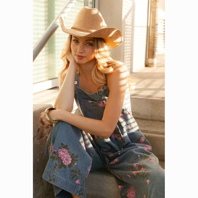 Stylish floral denim jumpsuit for women with floral pattern, perfect for casual summer outings