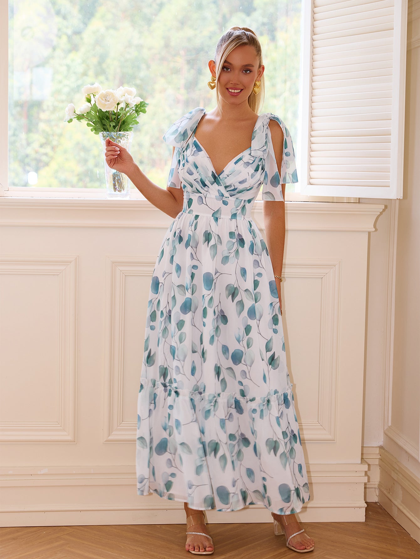 PartyPart floral lace up maxi dress for women with blue leaf print and bow shoulder straps