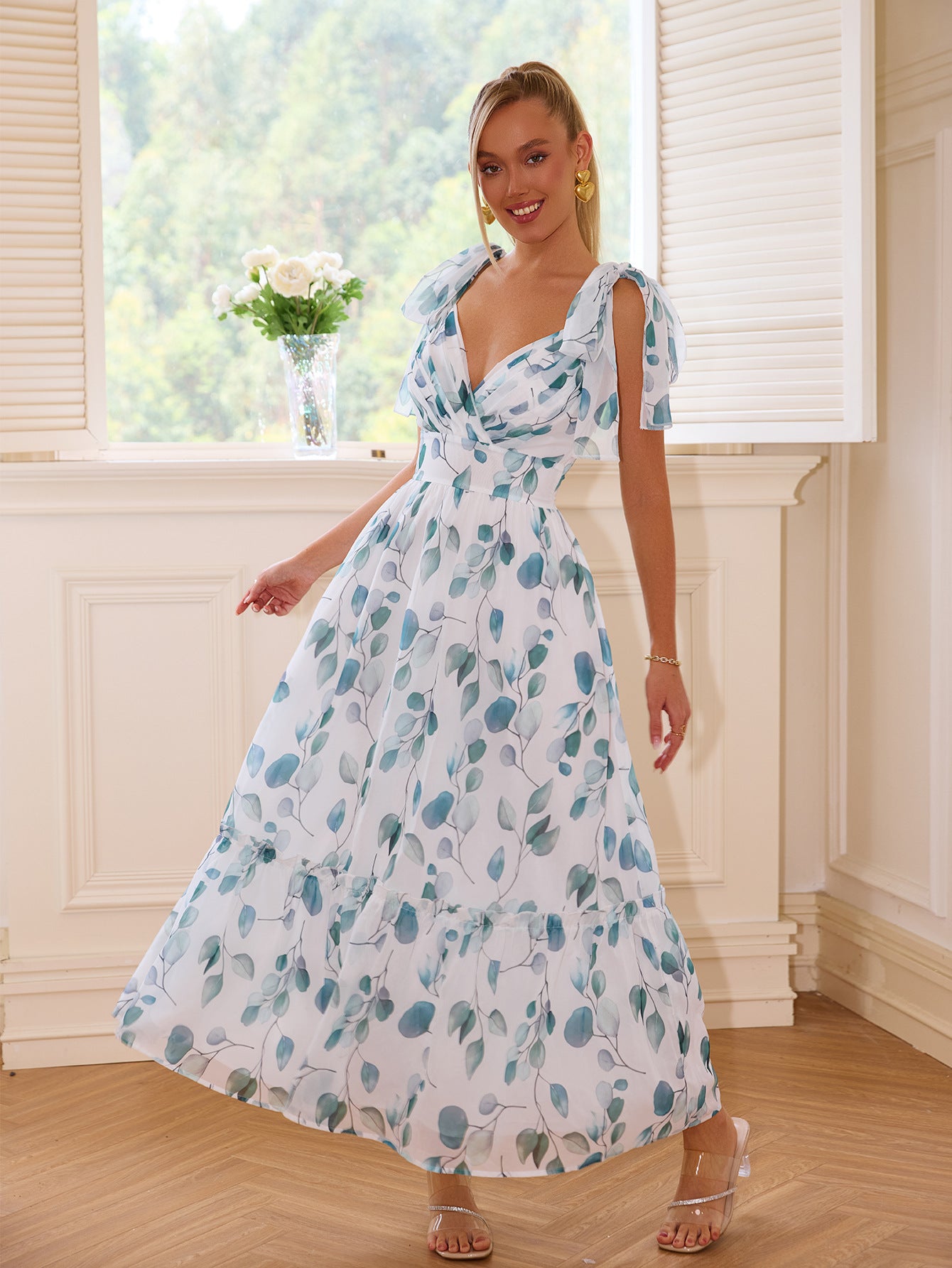 Elegant floral lace up maxi dress for women with blue leaf print and shoulder tie straps