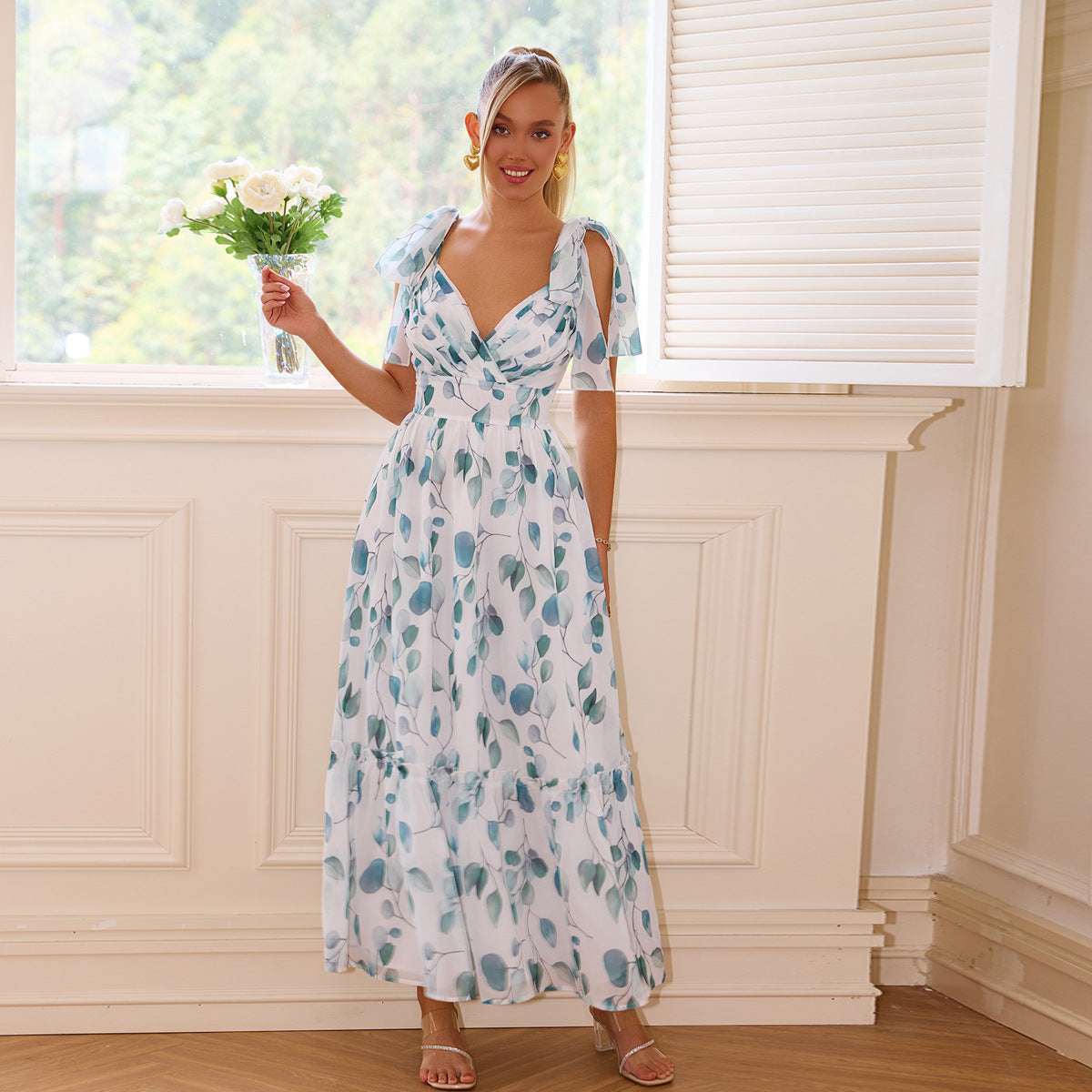 PartyPart floral lace up maxi dress for women with green leaf print and tie shoulder straps