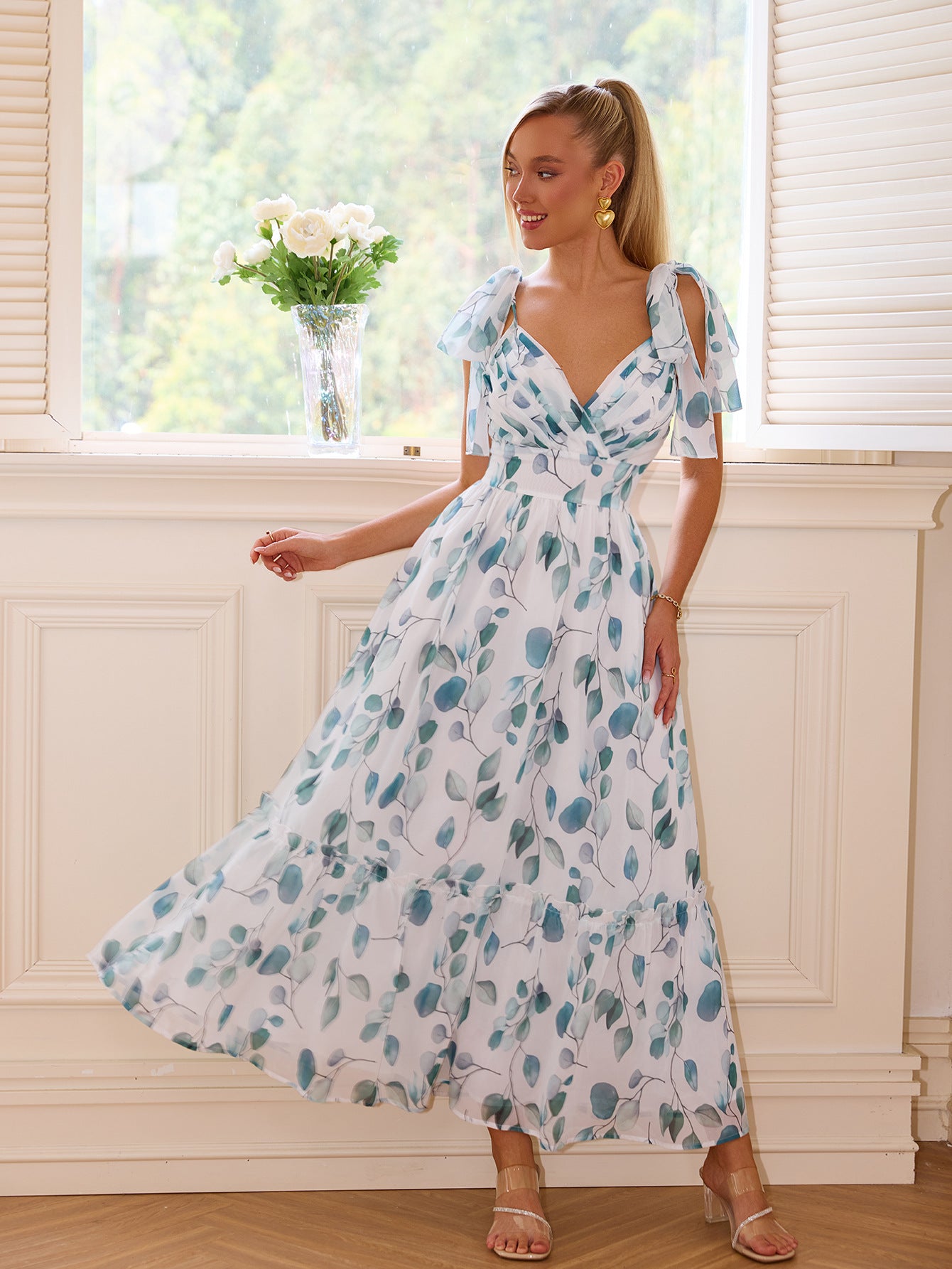 PartyPart floral lace up maxi dress for women with a leaf pattern and tie sleeves in white and blue