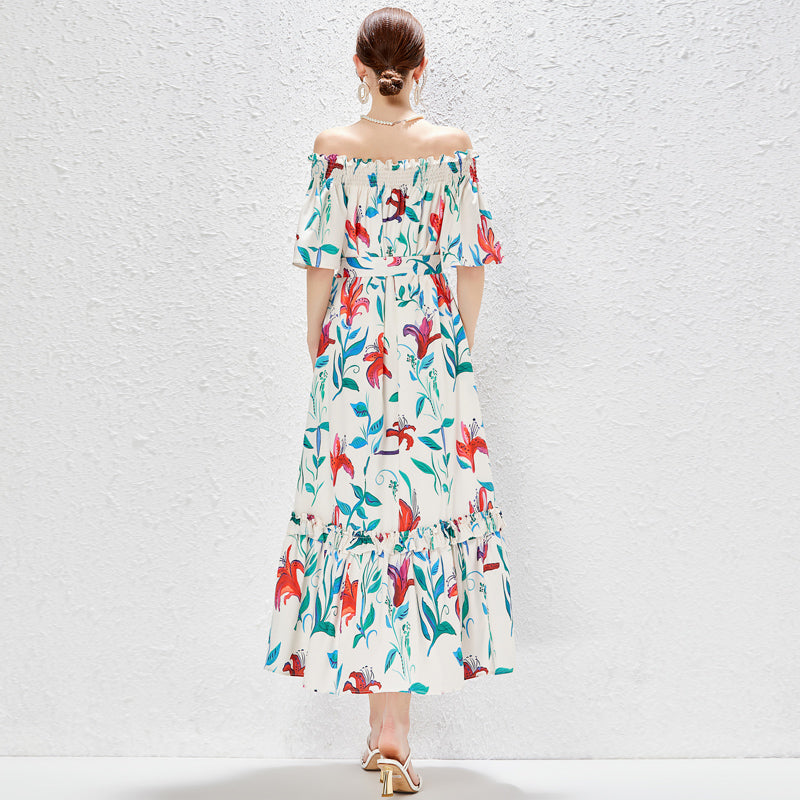 Malbusaat off-shoulder floral maxi dress uk with colorful flower print and ruffle hem for summer
