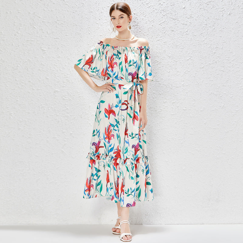 Malbusaat floral maxi dress UK with off-shoulder design and colourful flower print on white fabric