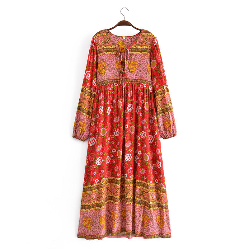 Malbusaat spring long sleeve maxi dress with floral print and bohemian style on hanger