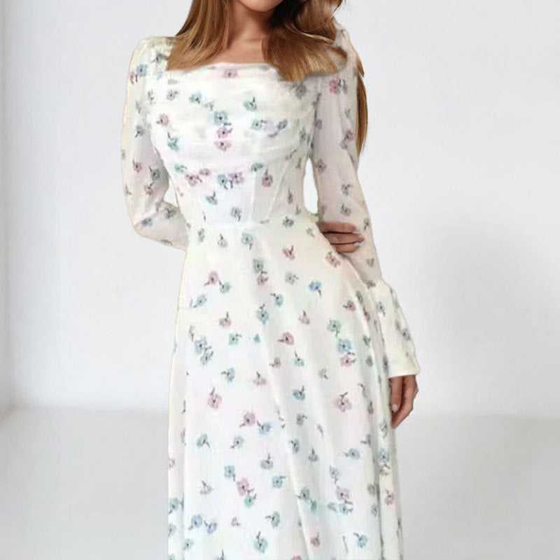 Malbusaat floral pleated flare sleeve dress with delicate floral print and elegant long sleeves