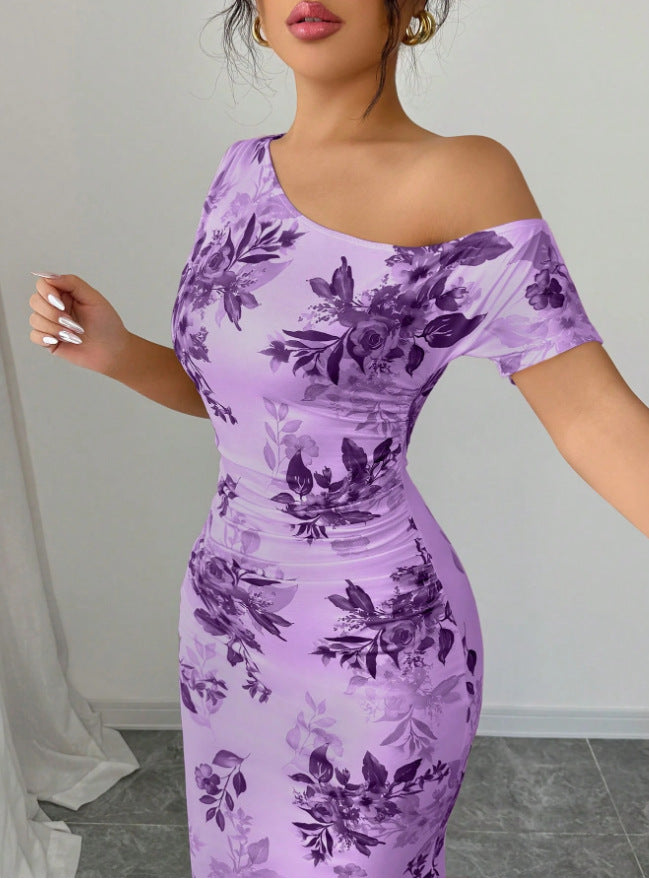 Malbusaat floral sheath high waist dress in purple with elegant floral designs for a stylish look