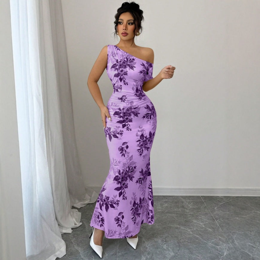 Elegant floral sheath high waist dress in lavender, perfect for formal occasions and summer events