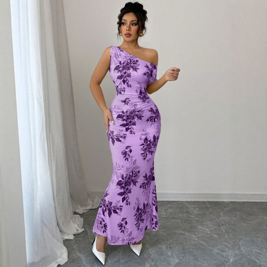 Elegant floral sheath high waist dress in lavender, perfect for formal occasions and summer events