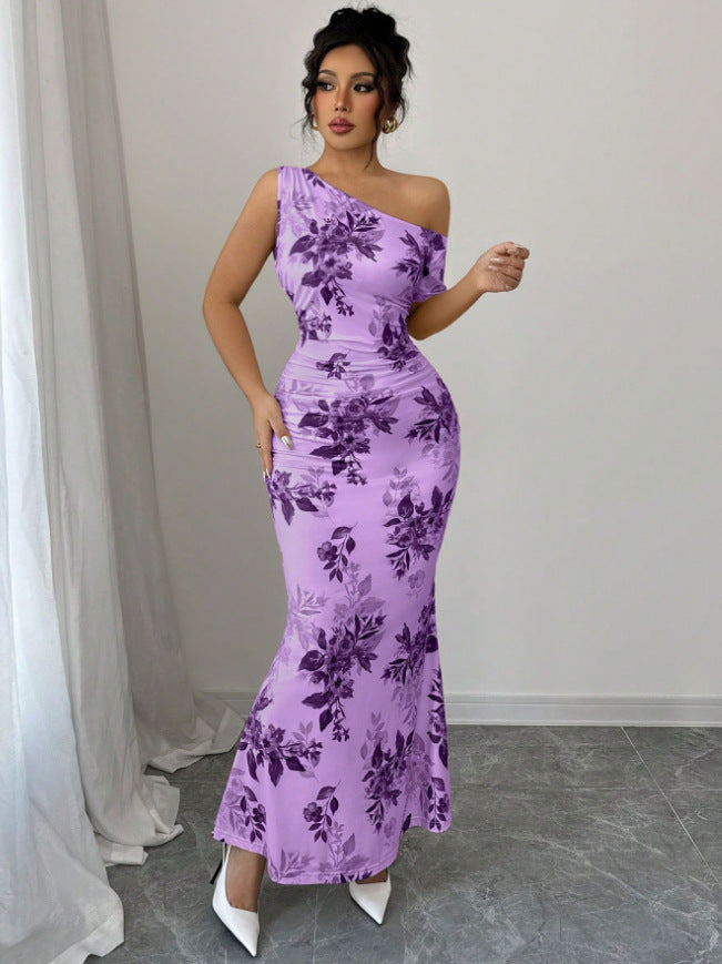 Elegant lavender floral sheath high waist dress with a one-shoulder design for a chic look