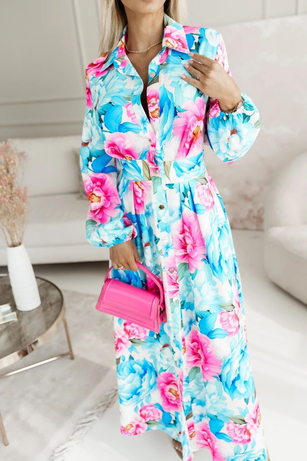 Vibrant Malbusaat floral slit midi dress with a button-down design and bold floral pattern