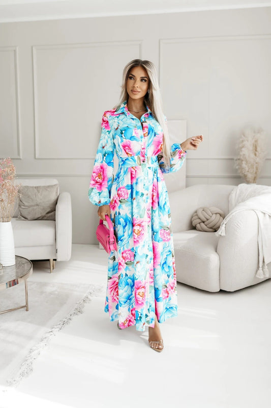 Malbusaat floral slit midi dress with vibrant blue and pink flowers, perfect for summer outings