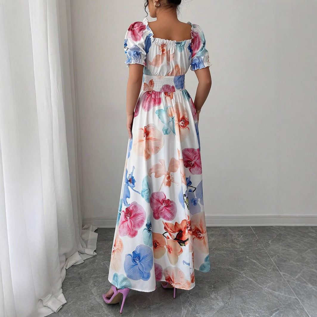 Back view of a Floral Square Neck Maxi Dress with Puff Sleeves featuring colourful large floral print and puffed short sleeves