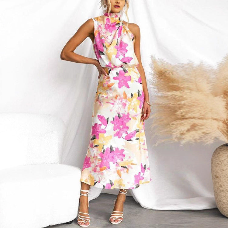 Floral Strap Cutout Maxi Dress featuring vibrant pink and yellow flowers, perfect for summer events
