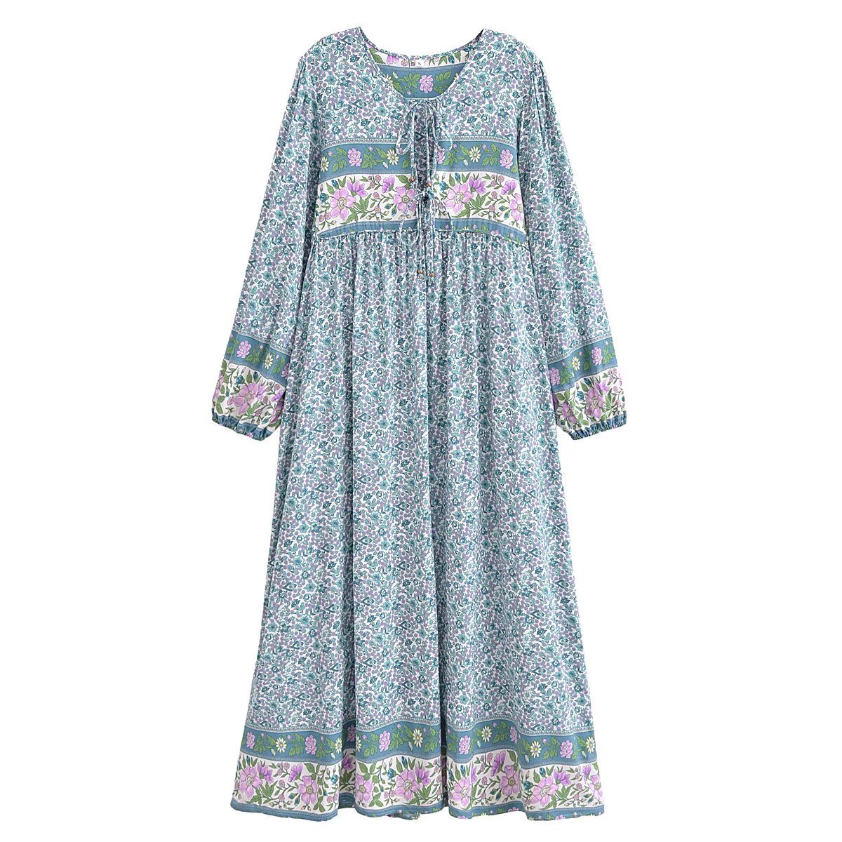 Malbusaat floral tie-neck maxi dress with long sleeves and pastel floral print