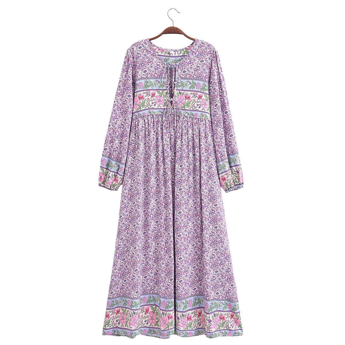 Malbusaat floral tie-neck maxi dress with long sleeves and all-over purple and pink floral print