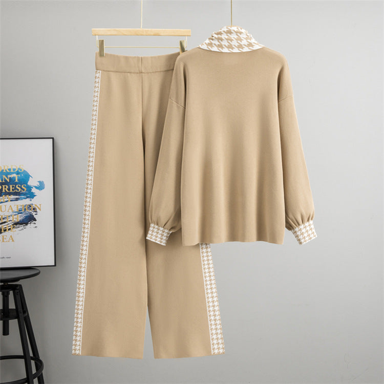 Janero Houndstooth Knit Co Ord Set in Beige with Stylish Collared Sweater and Wide-Leg Trousers