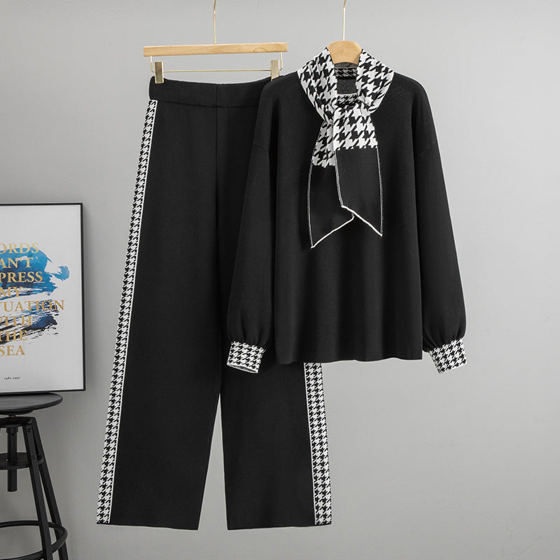 Janero Houndstooth Knit Co Ord Set featuring a stylish top and wide-leg trousers with matching accessories