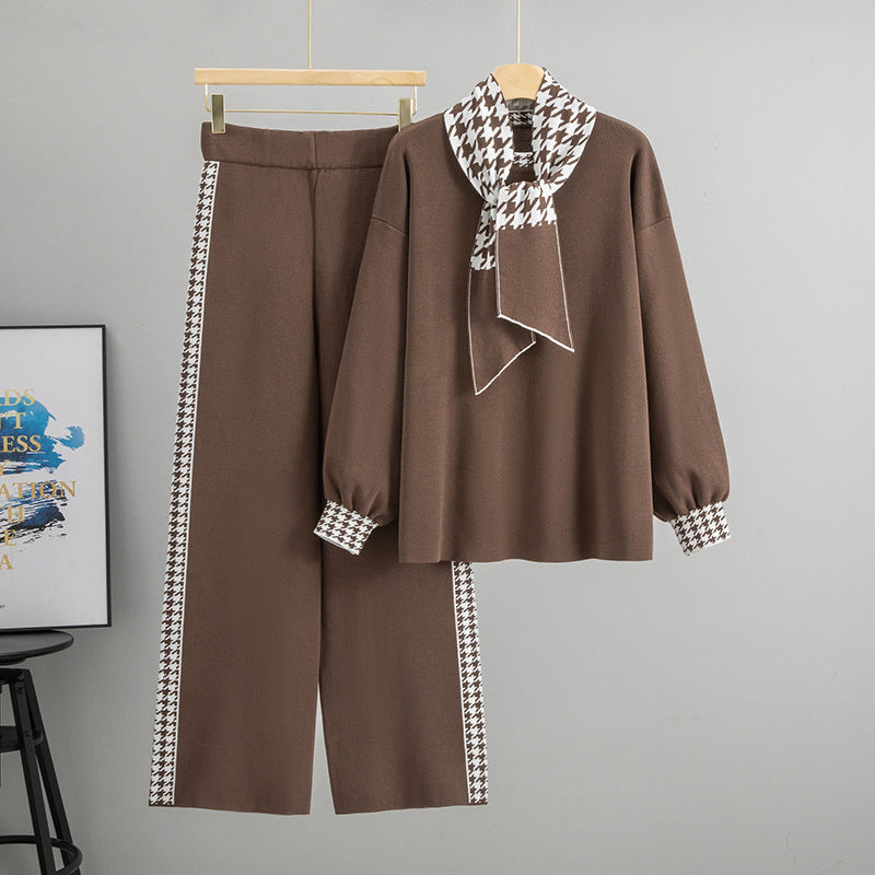 Janero houndstooth knit co ord set in brown with houndstooth trim on sleeves and trousers