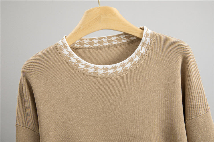 Janero Houndstooth Knit Co Ord Set with a Stylish Contrast Collar for a Chic Look