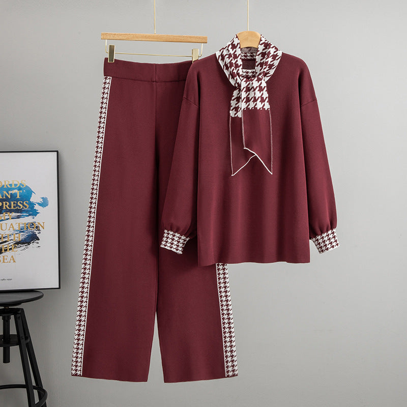 Stylish burgundy houndstooth knit co ord set with a matching scarf for chic outfits