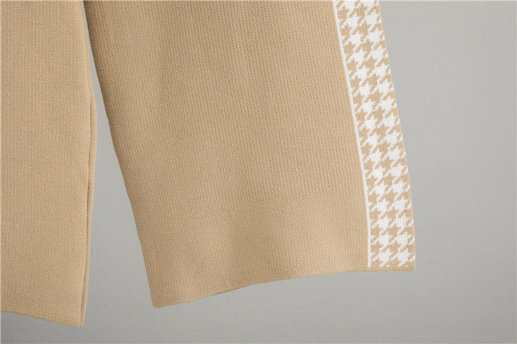 Close-up of Janero houndstooth knit co ord set showcasing textured fabric and patterned details
