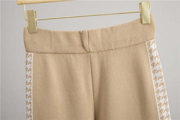 Beige houndstooth knit co ord set waistband detail featuring elegant side stripes