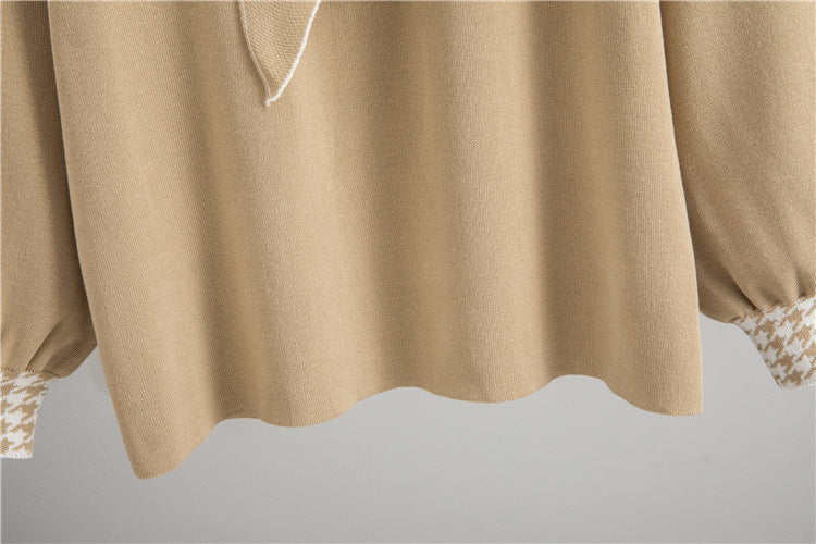 Janero Houndstooth Knit Co Ord Set featuring stylish beige material and patterned cuff detailing