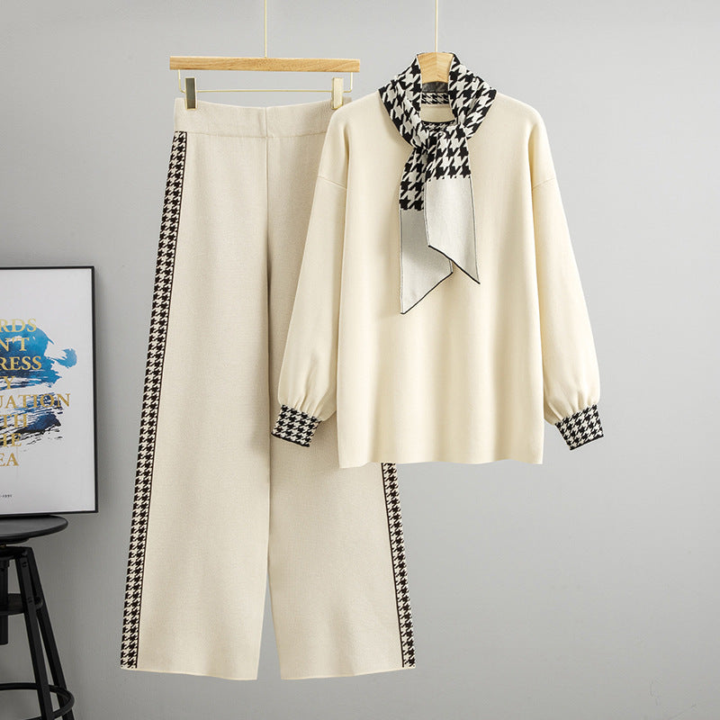 Janero Houndstooth Knit Co Ord Set in Cream with Matching Scarf and Patterned Sleeves