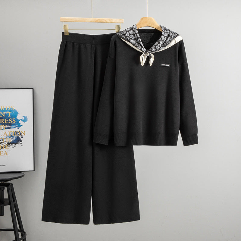 Janero black knit wide leg co ord set featuring a cozy sweatshirt and stylish wide-leg trousers