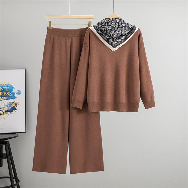 Janero knit wide leg co ord set in brown with a matching oversized sweater and stylish scarf