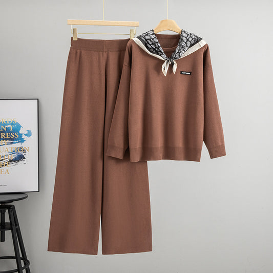 Janero knit wide leg co ord set in brown featuring a stylish top and matching trousers
