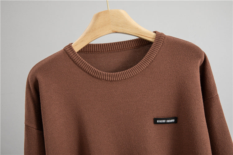 Janero knit wide leg co ord set featuring a cosy brown sweater with a ribbed neckline