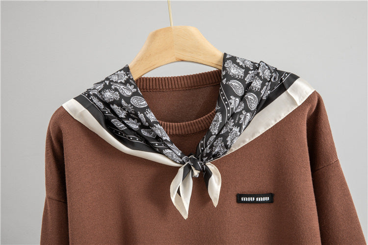 Janero knit wide leg co ord set featuring a stylish top with patterned scarf detail
