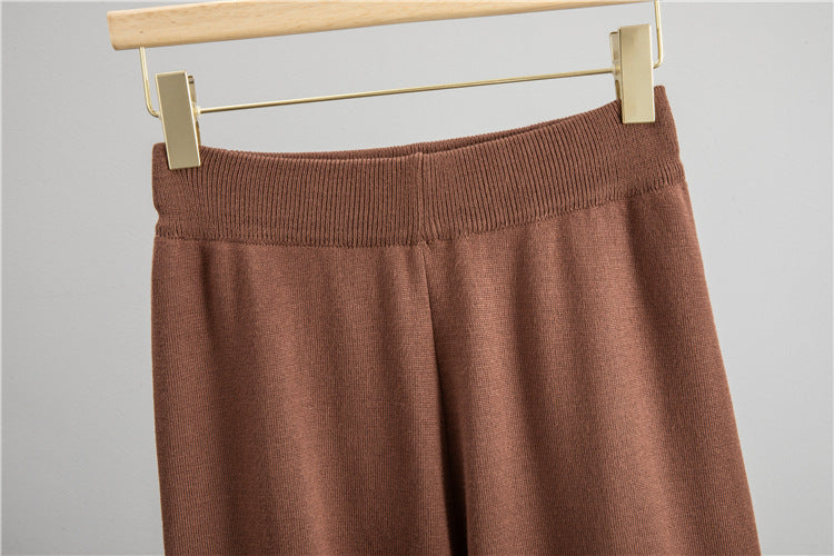 Janero Knit Wide Leg Co Ord Set featuring soft fabric and comfortable elastic waistband in brown