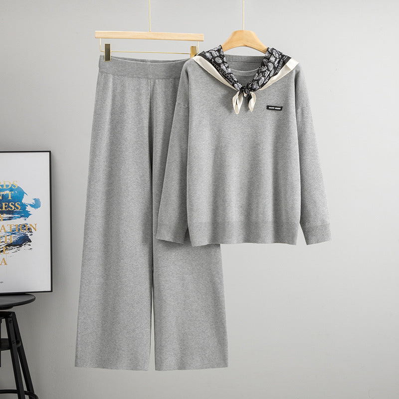 Janero Knit Wide Leg Co Ord Set in Grey with Soft Fabric and Stylish Necklace Detail