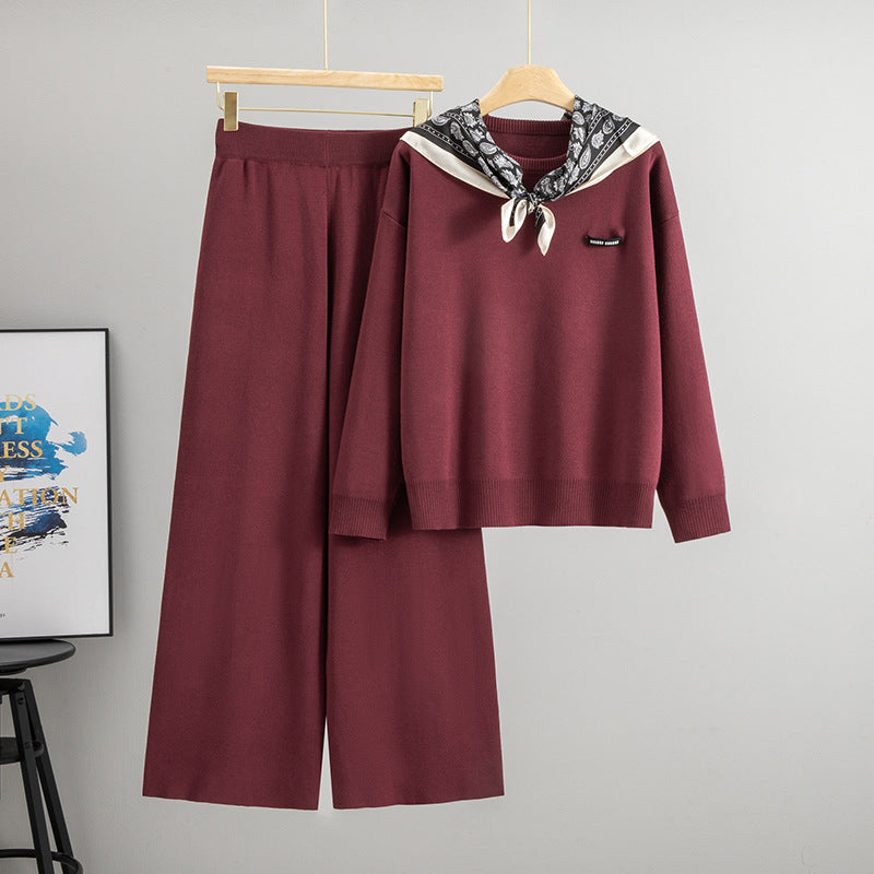 Stylish burgundy Janero knit wide leg co ord set featuring a matching top and trousers