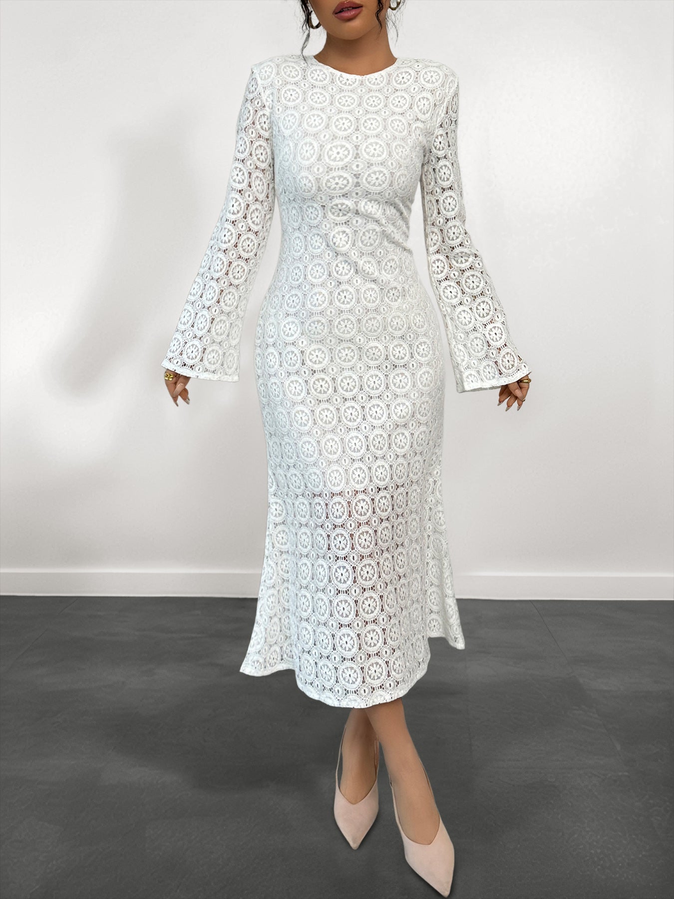 Malbusaat white lace fishtail dress midi with long bell sleeves fitted waist and flared hem for formal events