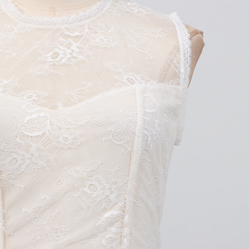 Close-up of Malbusaat Lace Mesh Embroidered Sleeveless Maxi featuring delicate floral embroidery and sheer lace fabric