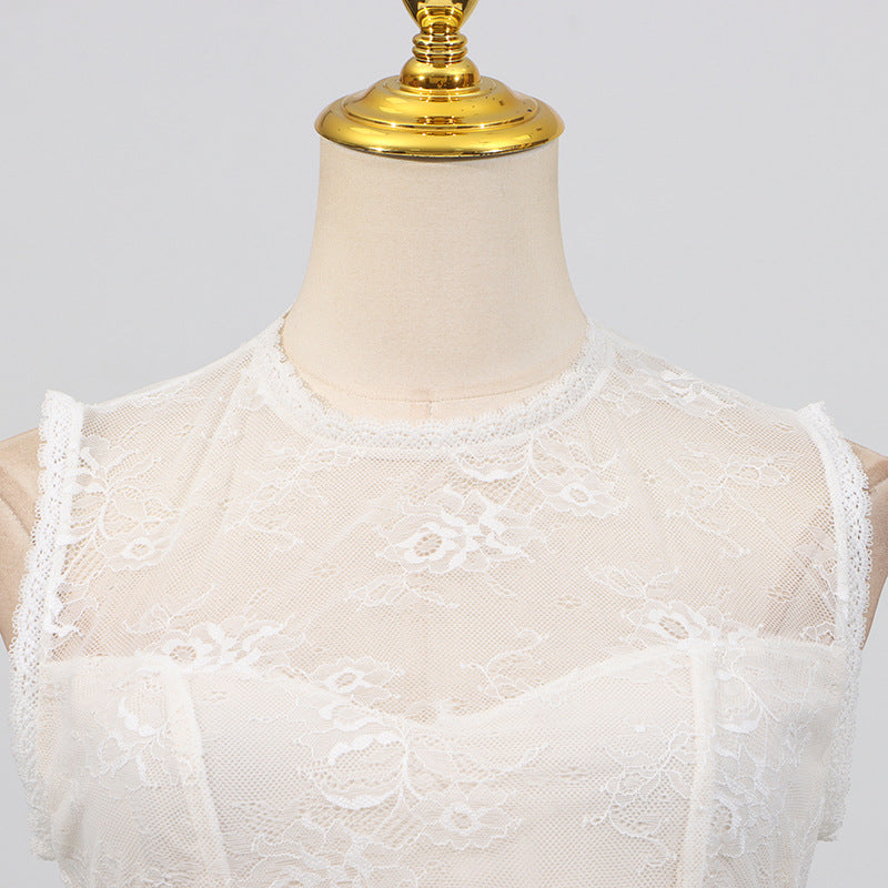 White Lace Mesh Embroidered Sleeveless Maxi top with floral pattern on mannequin