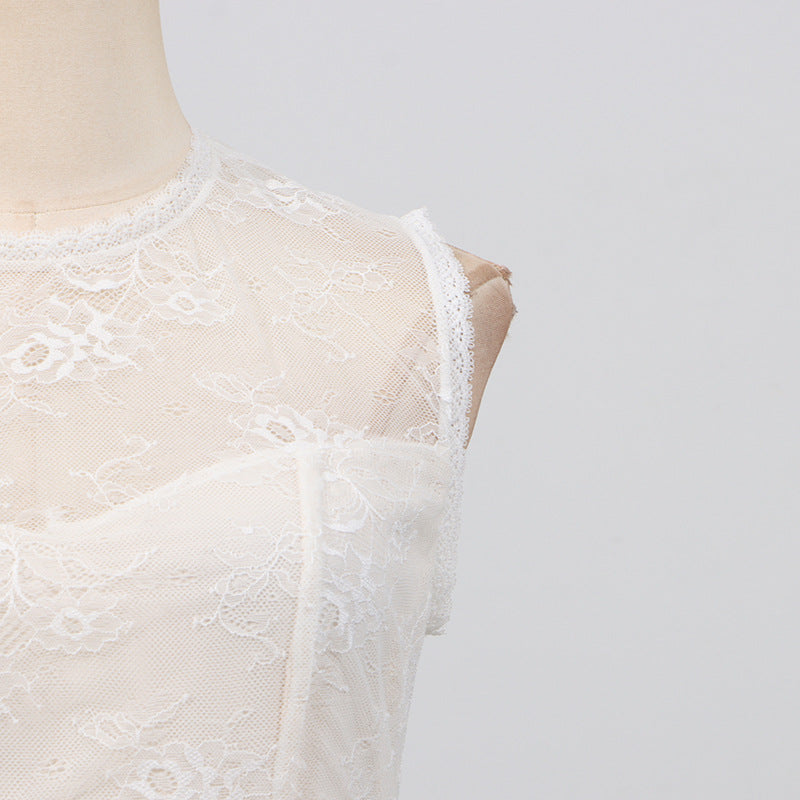 White Lace Mesh Embroidered Sleeveless Maxi dress featuring delicate floral embroidery on sheer fabric