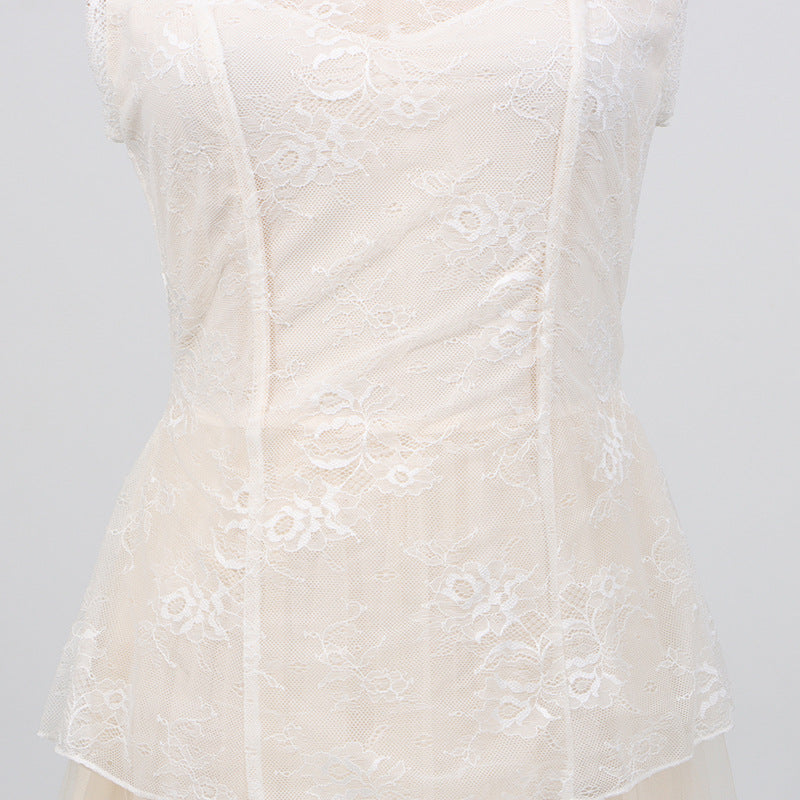 Malbusaat Lace Mesh Embroidered Sleeveless Maxi dress in elegant white floral lace fabric