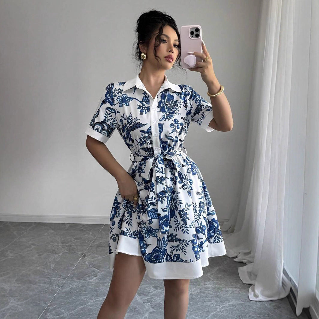 Malbusaat lace up waist midi dress in white and blue floral print with short sleeves and collar